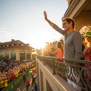 Roger Federer waving from a balcony, surrounded by fans. Bright sun, diverse crowd, colorful outfits