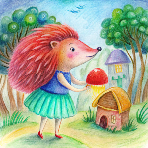 a red-haired hedgehog in a skirt kisses a jellyfish, a forest, a house, a naive children's drawing with colored pencils in the chibi style