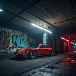 A sleek red Porsche 911 parked in a dimly lit, underground garage. Graffiti on walls. Neon lights casting shadows.