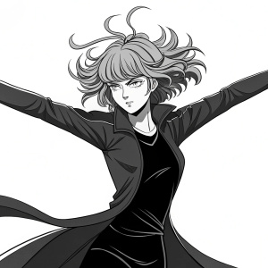 Tatsumaki from One Punch Man, dynamic pose, arms spread wide, hair flowing, determined look. Minimalist design, black and white, no background