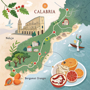 Illustrated map of Calabria featuring local delicacies and iconic sites.