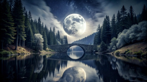  full moon at night, old bridge forest  still water dark night black