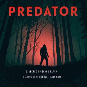 Stylized movie poster for 'Predator'. Dark forest green background with red text 'Predator' in bold font. Credits: Directed by Shane Black, Starring Boyd Holbrook, Olivia Munn. Red and black color scheme throughout