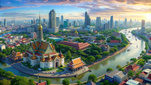 an anime-style panoramic drone shot captures a scene of the Chao Phraya River flowing through the middle of Bangkok. There are temples, buildings, and beautiful houses.