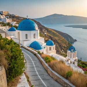 Traditional Cycladic architecture of Ios Chora, Greece. Blue-domed churches and white-washed houses line the picturesque coastal road. Lush greenery contrasts with azure waters of the Mediterranean Sea in the background.