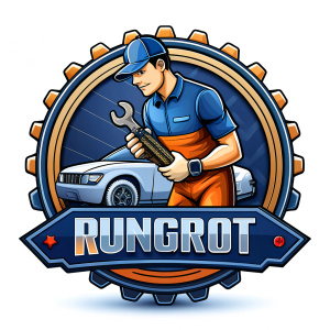 Logo of a man repairing a car, shop name Rungrot, mechanic