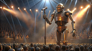 
Live concert background, fighting robot holding microphone and singing