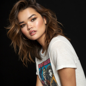 Paris Berelc, Asian model with medium complexion, shoulder-length wavy brown hair, and makeup, wears a graphic tee. Solo shot in a studio with a sleek black background