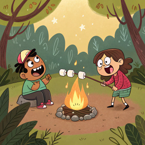Cartoon illustration of a humorous scene from the movie 'Crack! Main aur Crack'. Central character roasting over a campfire. Surrounding characters have exaggerated expressions. Warm colors and natural setting. Flat, graphic style design.