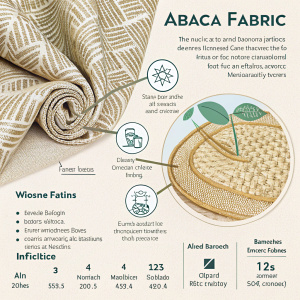 Infographic detailing Abaca fabric. Includes weave pattern, weight, pricing, sourcing information, and diverse applications.