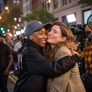 Lena Waithe and Kathryn Hahn, hugging in a casual outdoor setting, surrounded by fans and paparazzi.