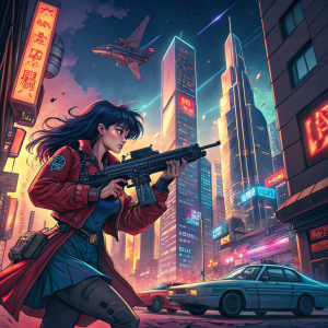 Misato Katsuragi in a vibrant action scene. Holding a machine gun. Futuristic cityscape in the background.
