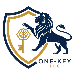 Onekey LLC corporate logo featuring a stylized lion and hand emblem. Navy blue and gold color scheme.