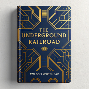 The book cover for 'The Underground Railroad' by Colson Whitehead features a intricate gold pattern on a deep blue background.
