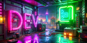 a bedroom, Lettering (DEV)(DES), neon lights, dim light, futuristic, orange light, cable, electricity, ornate, detail, windows with skyscrapers, science fiction, blue purple neon, <lora:ARWCyberpunkInterior:1>, dusty,oil painting 8K, oil painting 8K, extremely detailed oil image