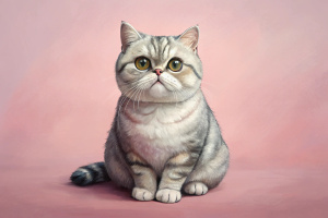 Cute Exotic Shorthair Cat sitting on pastel pink background with copy space