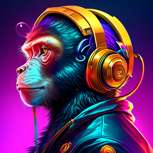 anime monkey man, left profile, colorful background, glaves, centered, highly detailed, 3D, colorful, wear earphones, full body