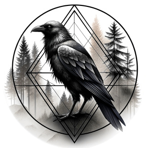 vegvisir geometric symbol - raven and trees - tattoo design - perfect realistic art - high-definition - grey and black - white background 