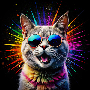 happy cat wearing sunglasses, vector style, pop art  color explosion in the black background