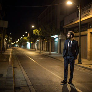Juan Mata in a formal attire, standing alone on a deserted street at night.