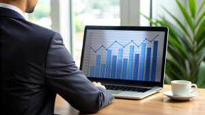 Cropped photo of businessman analyzing business diagram, marketing statistics and finance market graphs on laptop monitor in the office