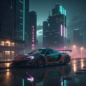 3D render of a McLaren P1 GT4 in a futuristic cityscape. Neon lights reflecting off its sleek body. Dark and moody atmosphere