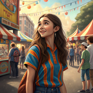 Rowan Blanchard at a bustling street fair. Wearing a vibrant blue and orange striped shirt, long brown hair, surrounded by colorful stalls and happy crowds.