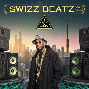 Album cover for Swizz Beatz. Central figure is surrounded by speakers and cityscape. Graphic warning symbol for parental guidance. Mystical and stylized design.