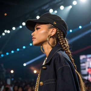 Zendaya on the BET Awards stage. Focused gaze, braids, gold earrings. Black cap, jacket with buttons. Bright lights and crowd visible