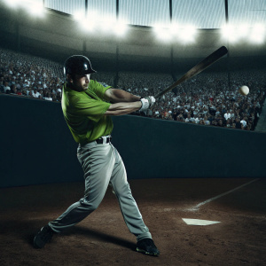 Yan Gomes, in vibrant green jersey, takes a dramatic swing at the ball. The packed stadium roars with excitement.