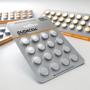 Duracell packaging showcasing multiple CR2032 batteries in a grid pattern. Brightly lit studio setting.