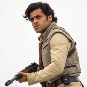 Poe Dameron, a determined character with dark hair and piercing eyes, stands ready with his gun. Wearing a mix of beige and brown attire, against a plain background.