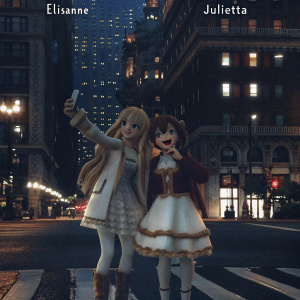 Elisanne and Julietta, characters from Dragalia Lost, standing in an animated cityscape. Elisanne poses with long blonde hair, taking a selfie. Julietta stands beside her, with long brown hair, looking cheerful.