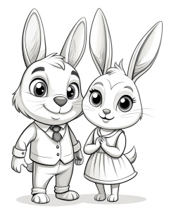 black and white, clean line art, couple rabbit in love cute, cartoon style, black and white only, vector style, for coloring book page for kids, no colors, 