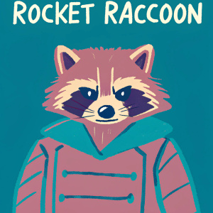 Close-up of Rocket Raccoon from Guardians of the Galaxy. His furry face and detailed jacket are the main focus. Dark background with white block text reading 'Rocket Raccoon'
