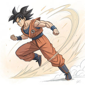 Concept art of Goku in Ultra Instinct mode, anime style. Dynamic pose, warm earth tones, energetic expression. Visible sketch lines, loose brushstrokes, abstract background