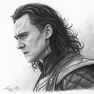 A detailed pencil sketch of Loki. Dark outlines and shading emphasize his powerful form. Artist's signature visible at bottom right corner