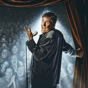 Craig Ferguson making a humorous gesture. Crowd in the background at a comedy club.