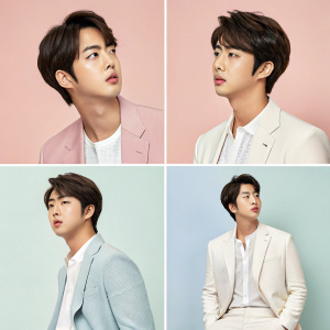 Photography series featuring Kim Seokjin. Diverse expressions and body language. Elegant design. Soft color tones. Emphasis on facial features and posture.