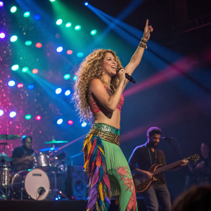 Shakira performing on stage with dynamic light effects. Curly hair, vibrant outfit. Band members playing alongside.