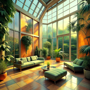 A Neo Futurist home environment with floor-to-ceiling windows, a corner with modern soft furnishings and large broad-leaved plants, paintings on the walls where I can add visuals