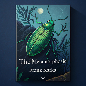 Book cover illustration for 'The Metamorphosis' by Franz Kafka. A vivid green bug dominates the cover. Dark blue background. Title and author's name in white