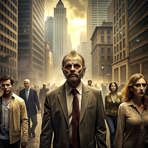 people in a city walking around like zombies