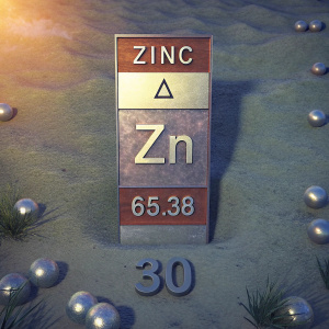 Infographic detailing Zinc. Atomic symbol: Zn, Atomic number: 30, Atomic weight: 65.38