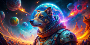 perro psicodélico con traje espacial futurista , rasgos humanos,fuego,lasers y planeta tierra al fondo, naves alienigenas