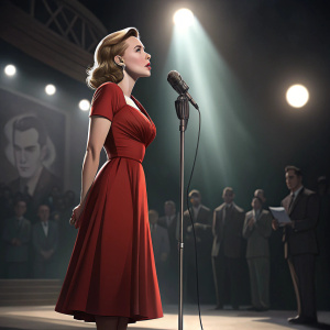 Scarlett Johansson at the press conference, wearing a red dress, standing alone on a stage with spotlight.