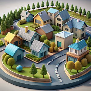 3D Render of a suburban neighborhood with houses, trees, and winding streets, on isolated white background.