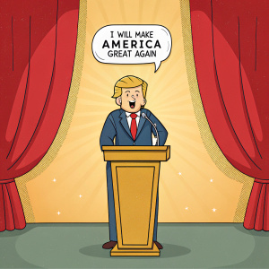 Cartoon depiction of Donald Trump. Standing in front of golden podium, speech bubble reads 'I will make America great again'.