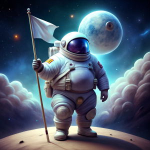 obese astronaut taking a white flag. Dark background with stars and planets