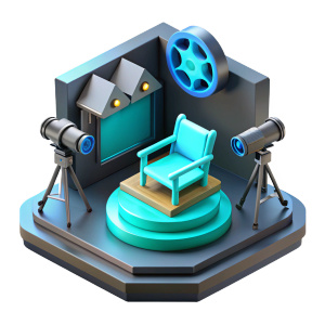 isometric, 3d game asset, detailed, hq render, cartoon style, medium poly, isometric, 3d game asset, detailed, hq render, isometric, black and white photograph of a futuristic scene, on stage there are props for filming: movie camera, light, actors, director's chair, etc. glass color - 00FFFF, minimalism, photorealism, light background